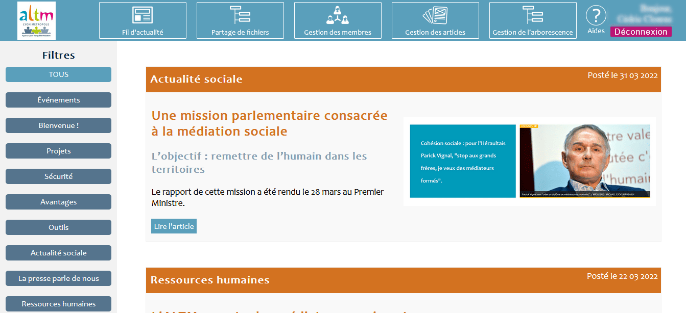 capture d'écran de l'intranet en ligne de ALTM - système de gestion de l'agenda des évenements présenté sur le site web du remède à lyon