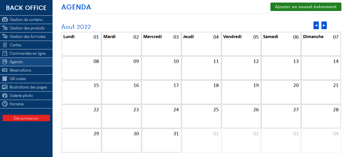 capture d'écran du back-office de gestion du site web du remède - système de gestion de l'agenda des évenements présenté sur le site web du remède à lyon